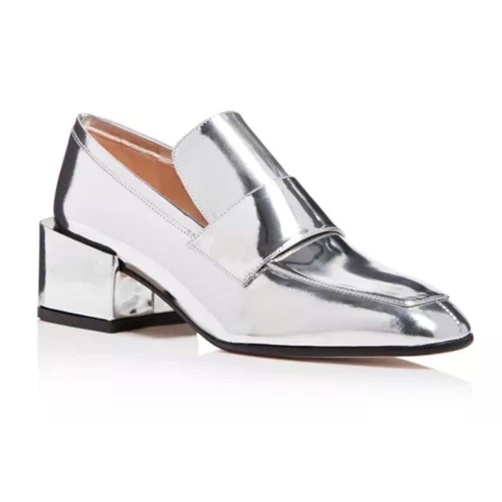 Stuart Weitzman Silver Metallic Heeled Loafer with Sleek Design